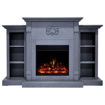 Classic Electric Fireplace With 72" Slate Blue Mantel, Bookshelves