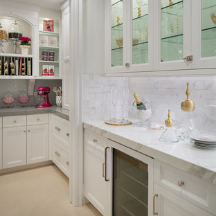 Large transitional kitchen pantry ideas - Kitchen pantry - large transitional galley limestone floor kitchen pantry idea in Orange County with shaker cabinets, white cabinets, quartz countertops, white backsplash, stone tile backsplash and paneled appliances