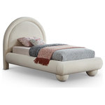 Meridian Furniture - Madrid Upholstered Bed, Cream, Twin, Velvet - Transform your bedroom with the bold and sophisticated charm of the Madrid cream velvet upholstered twin bed. Inspired by classic Art Deco design, this bed showcases a striking arched headboard and rounded edges for a unique, sculptural look. The luxurious velvet upholstery adds a layer of softness and warmth, making it a stunning centerpiece that combines artful design with everyday comfort.