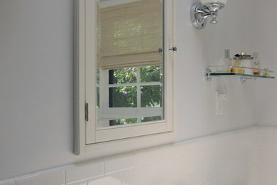 Alcove shower - mid-sized traditional master white tile and ceramic tile mosaic tile floor alcove shower idea in Los Angeles with a pedestal sink, gray walls and a two-piece toilet