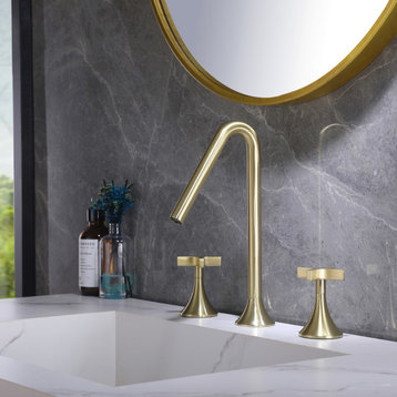 Deck Mounted Dual Cross Handles Bathroom Sink Faucet, Brushed Gold
