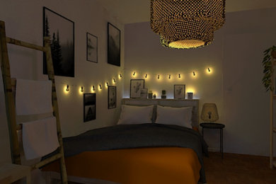 Diseño de dormitorio pequeño sin chimenea con paredes blancas, suelo de madera oscura y suelo marrón