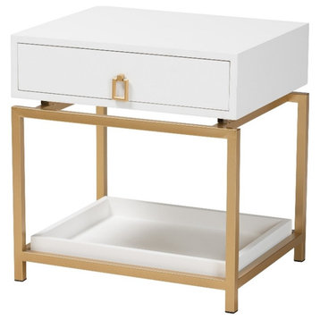 Baxton Studio Melosa White Finished Wood and Gold Metal 1-Drawer End Table