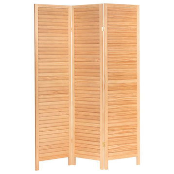 Classic Room Divider, Pine Wood Frame With Louvered Screens, Natural, 3 Panels
