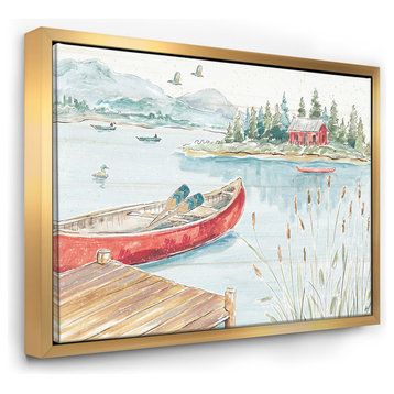 Designart Lake House Canoes I Lake House Framed Painting Print, Gold, 46x36