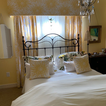 Window Cornice, pinch pleated drapes, decorative pillows