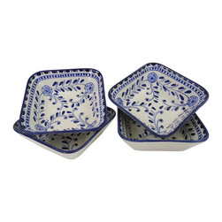Le Souk Ceramique - Square Stoneware Pasta/Salad Bowls, Set of 4, Azoura Design - Serving And Salad Bowls