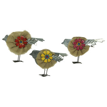 Metal and Burlap Rustic Flower Bird Sculptures Set of 3