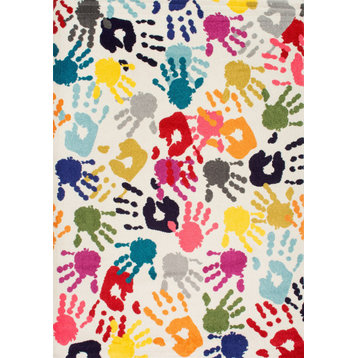 Machine Made Contemporary Kids Handprint Collage Rug, Multi, 8'x10'
