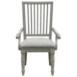 Pulaski Furniture - Madison Ridge Arm Chair - A great dining experience requires a great chair. This one borrows from traditional designs and updates them with a buff gray finish that lets the wood grain show through. Turned front legs and the slat back hark back to gathering around a great farm table and padded upholstered seats provide comfort and support. Arms are beautifully shaped with a knuckle detail.Casual relaxed styling with a farmhouse vibe.Slat back and turned front legs are updated traditional elements.  Seat is padded and upholstered for comfort.Buff gray finish is an updated neutral.  The beige seat fabric has textural interest and will blend with any decor. Fabric contents: 80% polyester, 20% nylon. Vacuum regularly to remove dust and dirt particles, blot any spills immediately with a clean rag.  Can be cleaned with a gentle water based product.  Test any cleaning method in an inconspicuous area.Buff gray finish is an updated neutral.  The beige seat fabric has textural interest and will blend with almost any decor.Assembly required; instructions and hardware included.