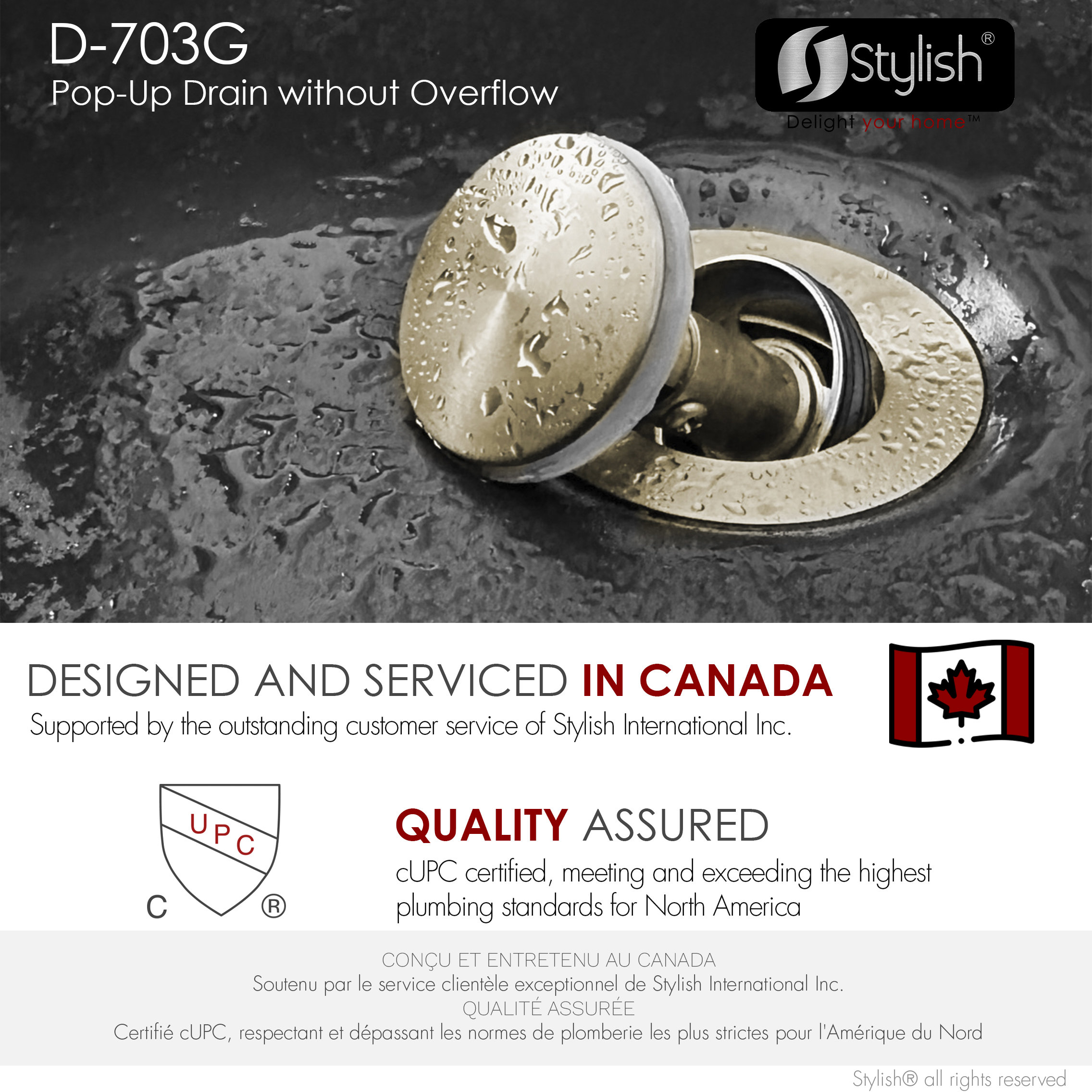 STYLISH Brushed Gold Standard Pop-Up Vessel Sink Drain with Overflow Set of 2