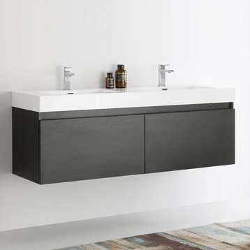 Fresca Mezzo 60" Black Wall Hung Double Sink Cabinet With Integrated Sink