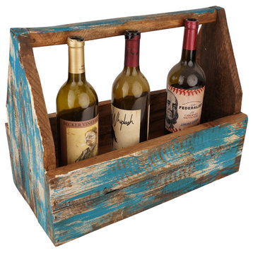 Farmhouse Wooden Market Box with Handle-Wine Caddy, Turquoise