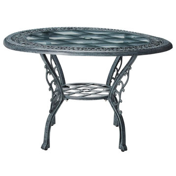 Patio Dining Table, Aluminum Frame With Scrolled Details & Glass Top, Verdi Grey