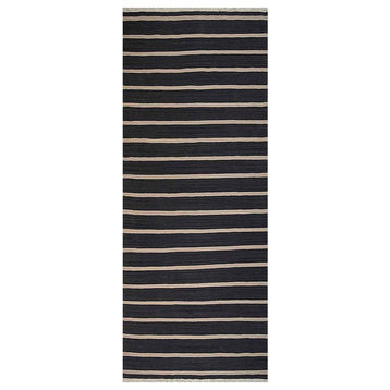 Hand Woven Flat Weave Kilim Wool Area Rug Contemporary Charcoal Cream, [Runner] 2'6''x12'