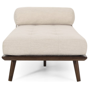 Lancer Mid Century Modern Tufted Chaise Lounge & Pillow, Beige/Natural Walnut