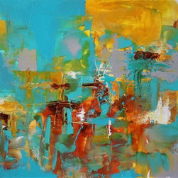 Preethi Arts - 24"x48" Artwork "Ocean Jasper" Original Large Modern Painting Yellow, teal - Paintings