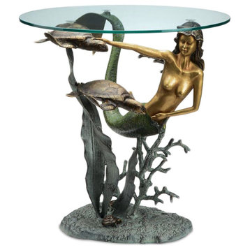 Bronze Finish Mermaid And Sea Turtles Glass Top End Table