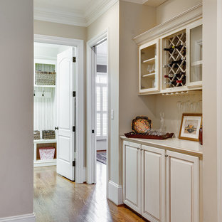 Large transitional kitchen pantry appliance - Kitchen pantry - large transitional single-wall medium tone wood floor kitchen pantry idea in Charlotte with raised-panel cabinets, white cabinets, granite countertops and no island