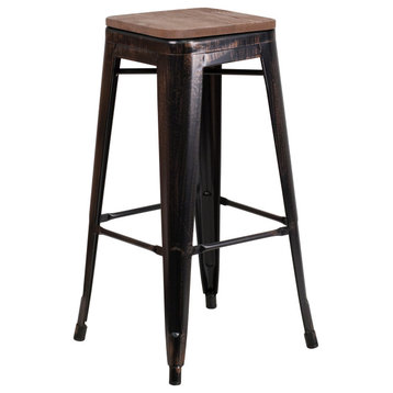 30" Bar Height Black- Antique Gold Metal Dining Stool With Wooden Seat