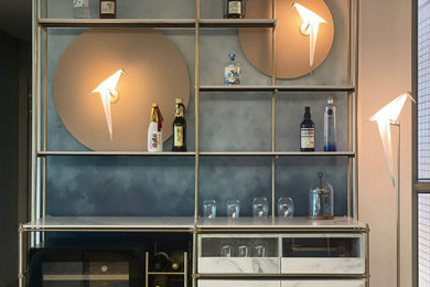 Design ideas for a small contemporary single-wall dry bar in Manchester with no sink, open cabinets, white cabinets, quartz worktops, blue splashback, light hardwood flooring, brown floors, white worktops and feature lighting.