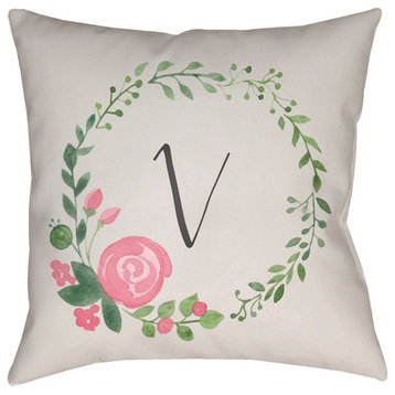 Initials II by Surya 'V' Pillow, Beige/Pink/Green, 18' x 18'