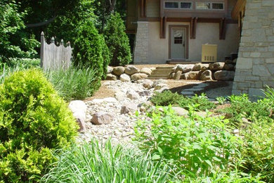 Mid-sized transitional backyard partial sun xeriscape in Other with a garden path and gravel.