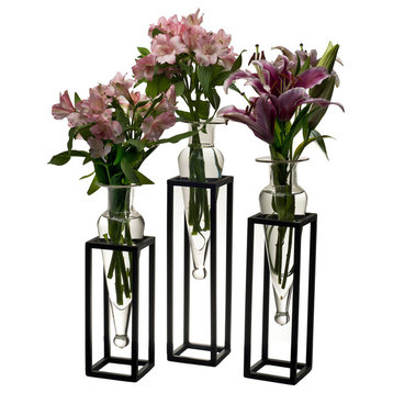 Set of 3 Amphorae Vases on Square Tubing Metal Stands, Clear