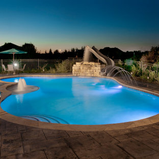 Mittelgroßer Klassischer Pool hinter dem Haus in individueller Form mit Wasserrutsche und Betonplatten in Chicago