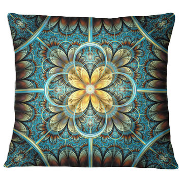Blue and Yellow Large Fractal Flower Design Floral Throw Pillow, 18"x18"