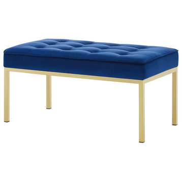 Modern Designer Lounge Accent Chair Bench, Velvet Fabric, Gold Blue Navy