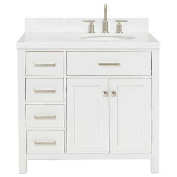 Ariel Bristol 36" Single Right Oval Sink Bathroom Vanity, Carrara Quartz, White