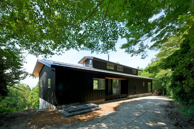 Modelo de fachada de casa negra y negra escandinava de tamaño medio de una planta con revestimiento de madera, tejado a dos aguas, tejado de metal y panel y listón
