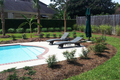 Example of a mid-sized island style backyard concrete and custom-shaped lap pool design in New Orleans