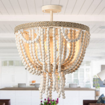 17.71 in 3-Light Cage in Wood Beads Chandelier