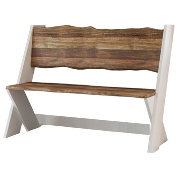 Farmhouse Accent Bench, Unique Design With White Wood Frame & Wire Brushed Seat