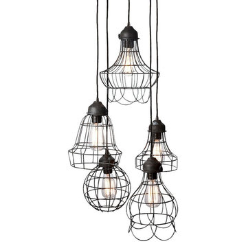 Black 5-Light Mini Pendant Brown Metal Wire Cage Shades -Urban-Industrial Style