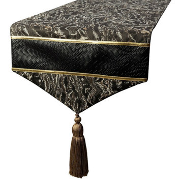 Table Runner Black Faux Leather Jacquard, Tassles Marble - Leather Runway