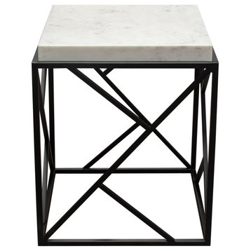 Plymouth Square Accent Table With Genuine Gray Marble Top and Black Metal Base