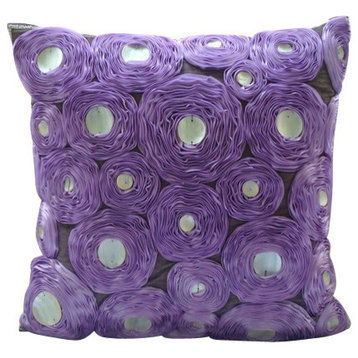 Art Silk Indian Pillow Covers Purple 20"x20" Ribbon Embroidery, Lavender Roses