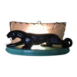 Midcentury Black Panther Ceramic Statue Lamp w/ Whipple Stitch Fiberglass Shade - Novelty Lighting