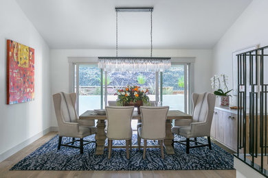 Mid-sized transitional medium tone wood floor and beige floor kitchen/dining room combo photo in San Francisco with white walls