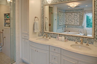 Mid-sized elegant master beige tile and porcelain tile porcelain tile and beige floor open shower photo in Phoenix with beaded inset cabinets, white cabinets, beige walls, an undermount sink and quartz countertops