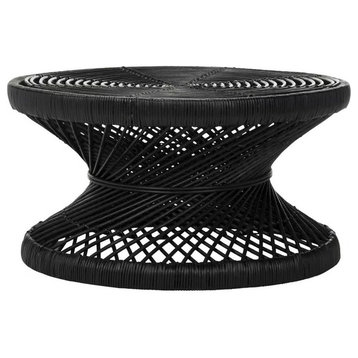 Contemporary Coffee Table, Bowed Rattan Design With Round Top, Black