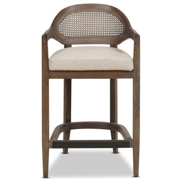 Americana Mid-Century Modern Rattan Cane Back Stool, Taupe Beige Textured Weave, 26" Counter Height