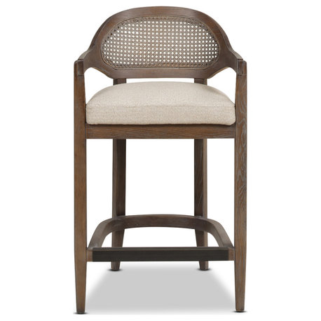 Americana Mid-Century Modern Rattan Cane Back Stool, Taupe Beige Textured Weave, 26" Counter Height