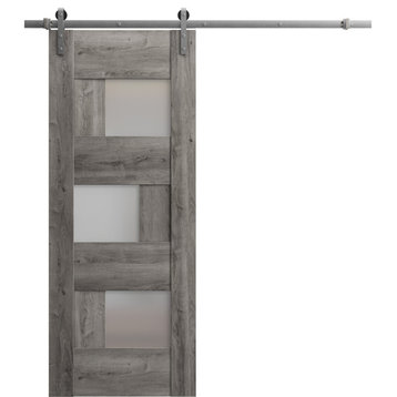 Barn Door 36 x 80, 6933 Nebraska Grey & Frosted Glass, Silver 6.6FT