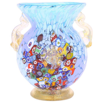 GlassOfVenice Murano Glass Millefiori Urn Vase with Lion Heads - Aqua