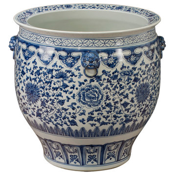 23.5in Hand-Painted Blue and White Canton Fishbowl, Without Stand