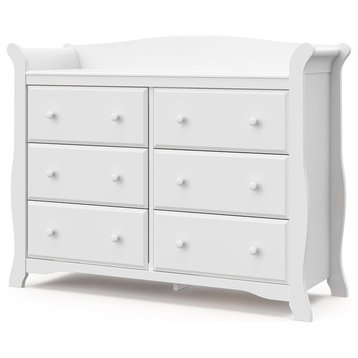 Traditional Double Dresser, 6 Storage Drawers With Round Pull Handles, White